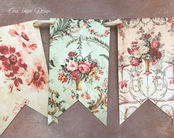 Floral Bunting Flag garland , Vintage Style Banner, Antique Fabrics Paper Garland, French Cottagecore Wall Decor