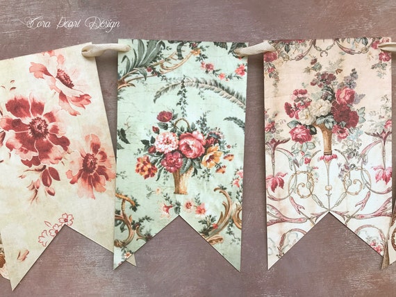 NEW VINTAGE FLORAL BUNTING FLAG GARLAND CRAFT SET ROOM DECOR PARTY SHABBY CHIC 
