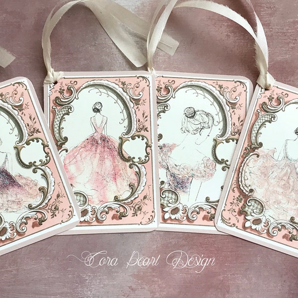 Glitter Ballerina Pink Baroque Gift Tags avec ruban de soie pure - Étiquettes cadeaux danseuse - Étiquettes d’anniversaire scintillantes - Étiquettes cadeaux pour enfants - Mini Art