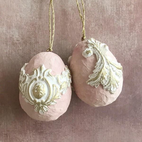 2 Elegant Pink and Gold Rustic Easter Egg Hanging Decorations , Baroque Easter Tree Decorations , Easter Ornaments , Spring Decor