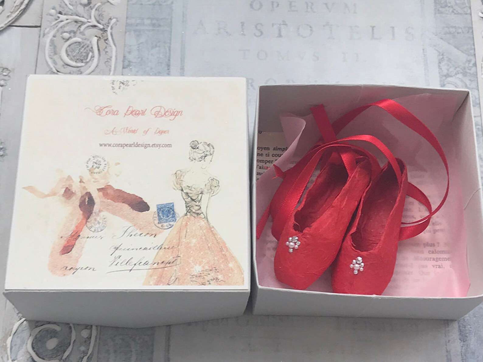 red paper miniature ballet shoes with swarovski and gift box - red paper pointe shoes - ballet ornaments , ballet christmas tree red paper miniature ballet shoes with swarovski and gift box - red paper pointe shoes - ballet ornaments , ballet christmas tree