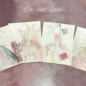 Impressions artistiques scintillantes de robe de ballet sur des cartes postales françaises de Paris - robes de ballet aquarelles - ensemble de cartes postales de ballerine - ensemble de 4 oeuvres d'art miniatures