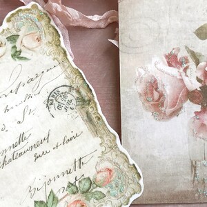 6 Shabby Chic Floral Vintage Style Glitter Gift Tags , Peony flower tags , Scrapbooking Tags Junk Journal , Journaling ephemera cards image 4