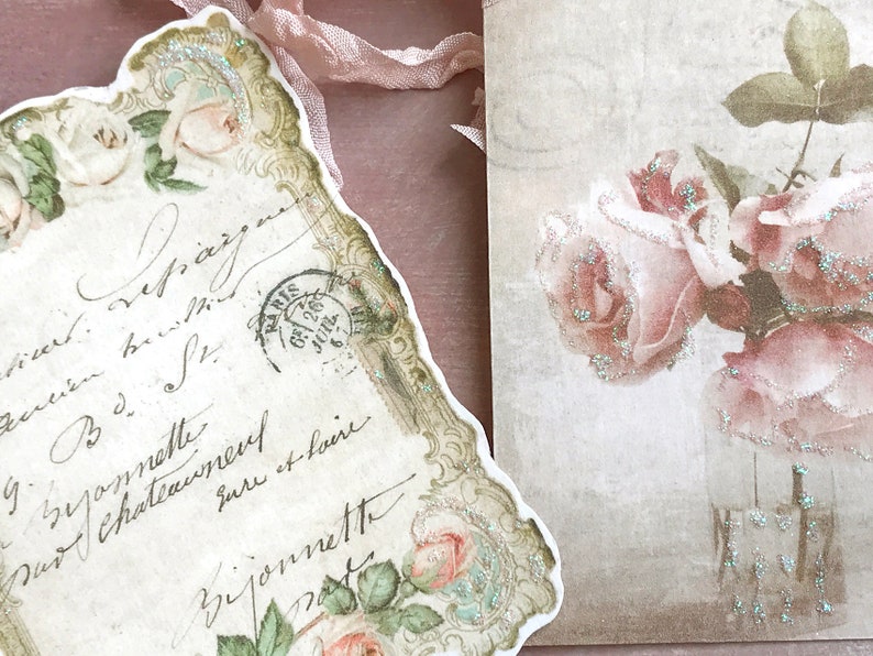 6 Shabby Chic Floral Vintage Style Glitter Gift Tags , Peony flower tags , Scrapbooking Tags Junk Journal , Journaling ephemera cards image 4