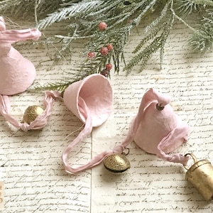 Blush Pink Paper Bells Wind Chime with brass jingle bells , Rustic Bells Door Chime, Christmas Garland  , Sari Silk Bohemian Decor