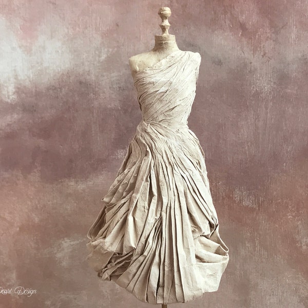 Grecian Paper Dress Sculpture on Mannequin , wood base and iron stand  - Roman Paper Art Dress Sculpture - Neutral Decor - 3D Original Art
