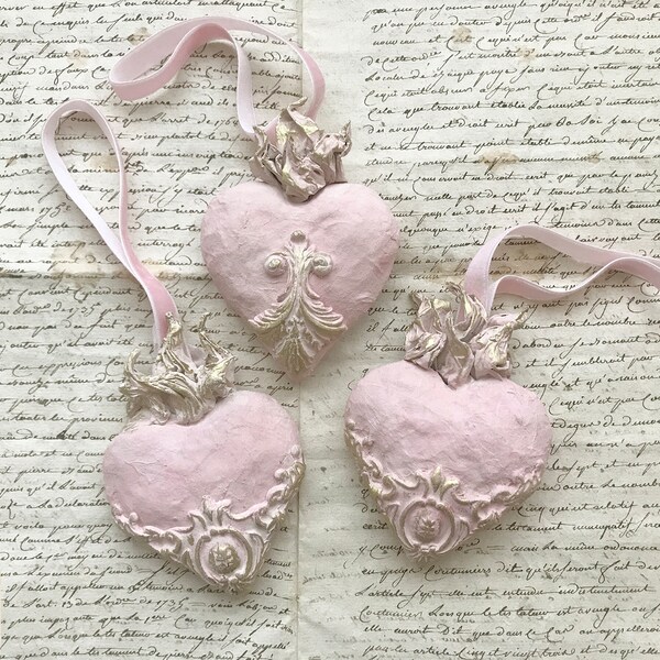 3 Pink Heart Hanging Decorations , Valentines Day Decor , Baroque Rococo Heart, Valentines Day Gift for Her , OOAK Paper Sculpture Artwork