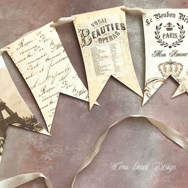 French Paris Shabby Chic Vintage Style Bunting Flag garland , Neutral home decor,  French Mantle Garland, French Cottage Style Decor