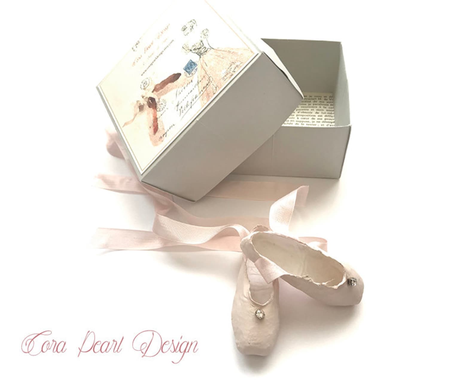 single vintage rhinestone pink paper miniature pointe shoes in gift box - paper ballet shoes - paper sculpture - ballet gifts