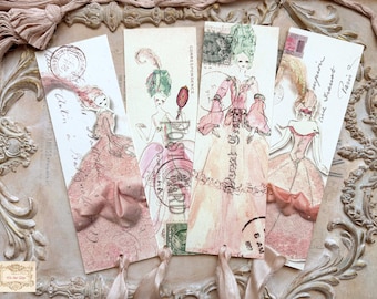 4 Marie Antoinette Watercolor painting Glitter Bookmarks with Silk, Whimsical Book marks,  Junk Journal Tags, French Party Favors