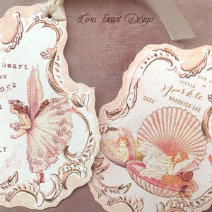 Barock verzierte Fee Glitzer Geschenkanhänger, 4 Fine Art Fairytale Geschenkanhänger, Geschenkanhänger für Kinder, rosa Fee funkelnden Junk Journal Karten