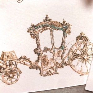 May include: A vintage illustration of a gold carriage with intricate details and a sparkling finish. The carriage has a large wheel and a smaller wheel on the back. The image is on a white background.