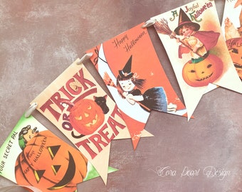 May include: A vintage Halloween banner with triangular pennants. The pennants feature illustrations of pumpkins, witches, and the phrases "Trick or Treat" and "Happy Halloween." The banner is strung together with metal rings.