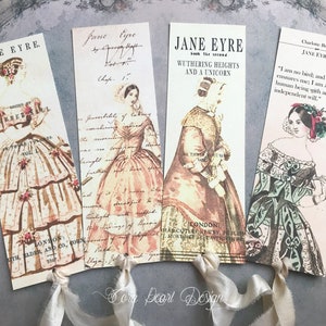 4 Jane Eyre Bronte Bookmarks with pure silk ribbons - Shabby Chic Tags - Junk Journal Tags - Jane Eyre Page Keeper - Jane Eyre Lover