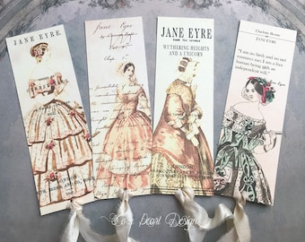 4 Jane Eyre Bronte Bookmarks with pure silk ribbons, Shabby Chic Tags , Junk Journal Tags , Bookworm gift, Book Lover gift, Gift for Teacher