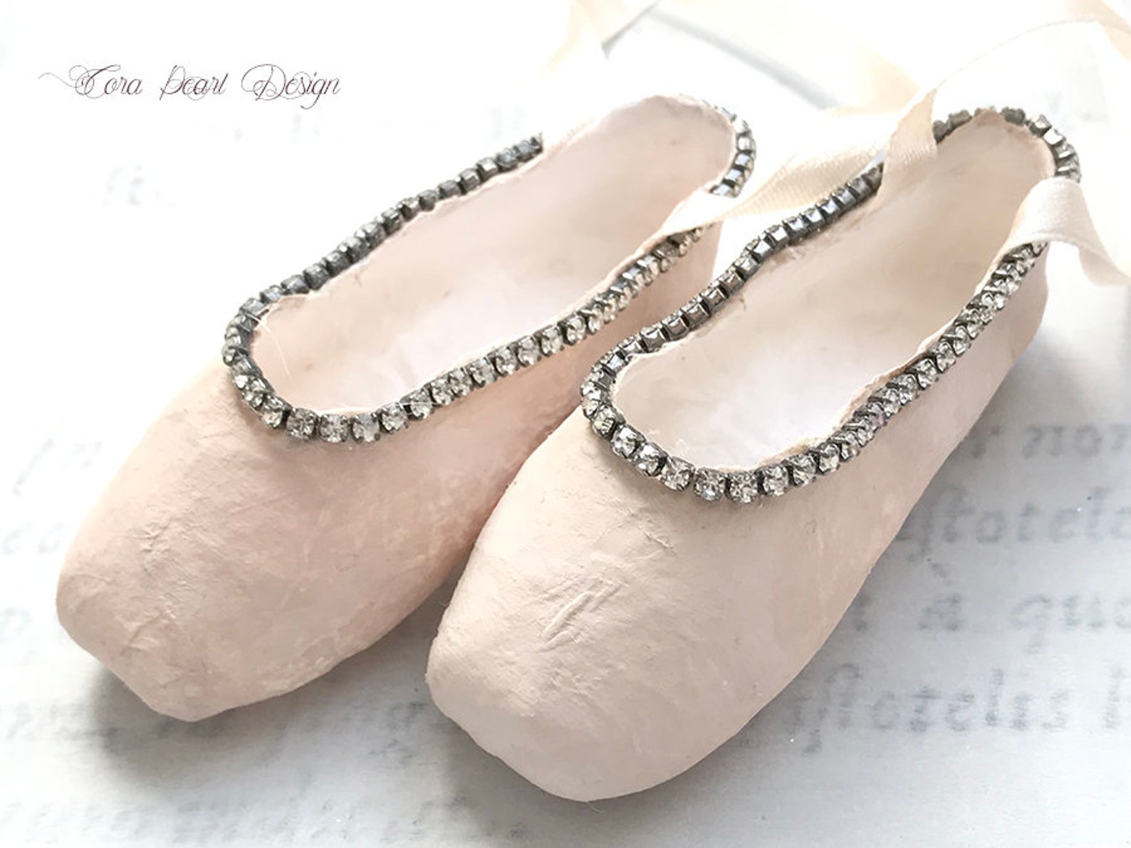 limited edition miniature pink paper pointe shoes with vintage rhinestones in marie antoinette gift box - paper ballet shoes - b