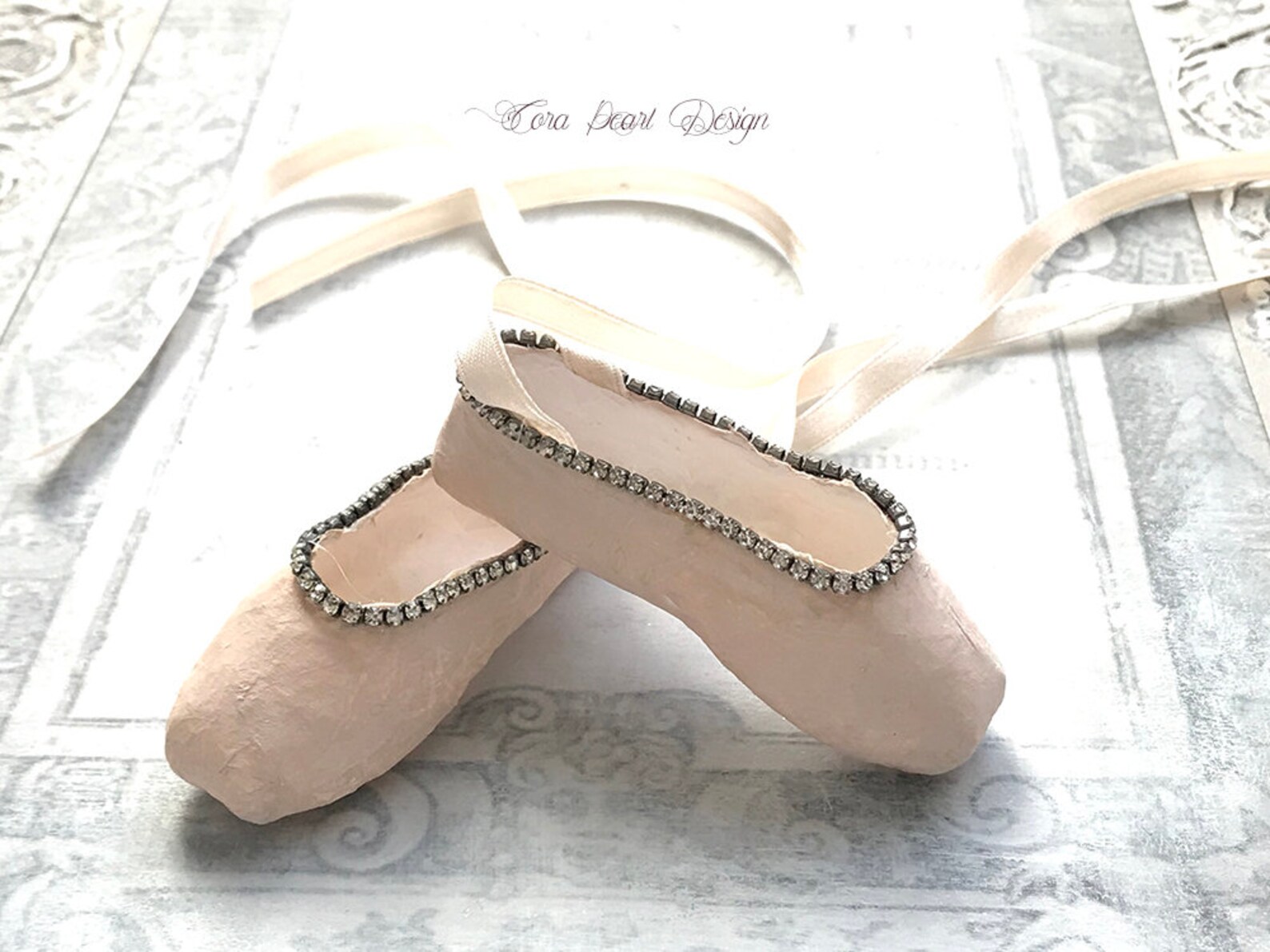 limited edition miniature pink paper pointe shoes with vintage rhinestones in marie antoinette gift box - paper ballet shoes - b