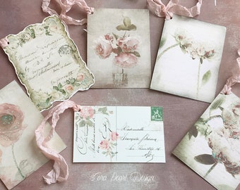 6 Shabby Chic Floral Vintage Style Glitter Gift Tags , Peony flower tags , Scrapbooking Tags - Junk Journal , Journaling ephemera cards