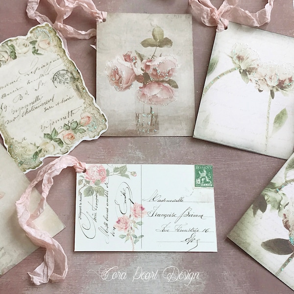 6 Shabby Chic Floral Vintage Style Glitter Gift Tags , Peony flower tags , Scrapbooking Tags - Junk Journal , Journaling ephemera cards