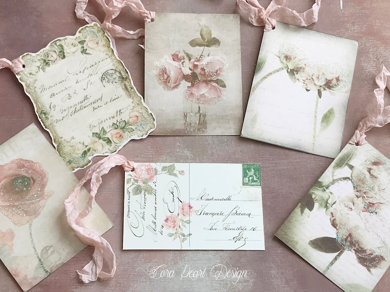 6 Shabby Chic Floral Vintage Style Glitter Gift Tags , Peony flower tags , Scrapbooking Tags Junk Journal , Journaling ephemera cards image 1