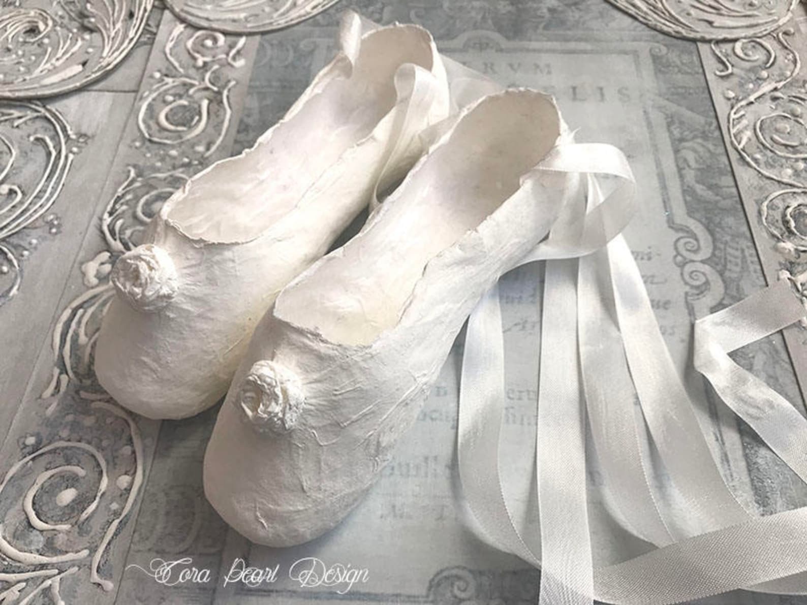antique white paper ballet shoes , white pointe shoes , decorative shoes , nursery decor - children's bedroom decor - paper