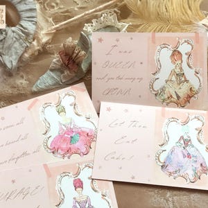 マリー アントワネット グリッター ポストカード、ファイン アート プリント、水彩ポストカード 4 枚セット、マリー好きへのギフト、ピンクのマリー アントワネット パーティーの記念品