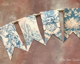 Blue Toile de Jouy Shabby Chic Vintage Style Bunting Flag garland , Spring Banner, Antique Fabrics Paper Garland, French Cottage Style Decor