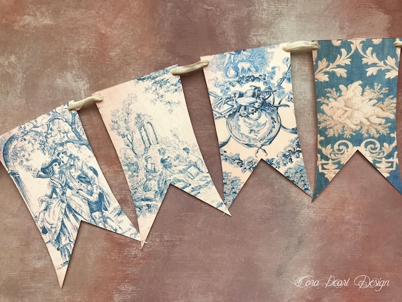 Blue Toile De Jouy Shabby Chic Vintage Style Bunting Flag Garland