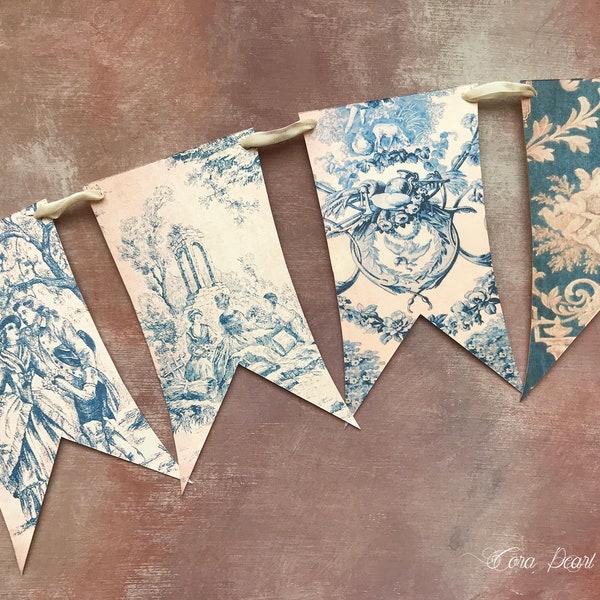 Toile de Jouy bleue shabby chic style vintage guirlande drapeau banderoles, bannière printemps, guirlande de papier tissus anciens, décoration de Style cottage français