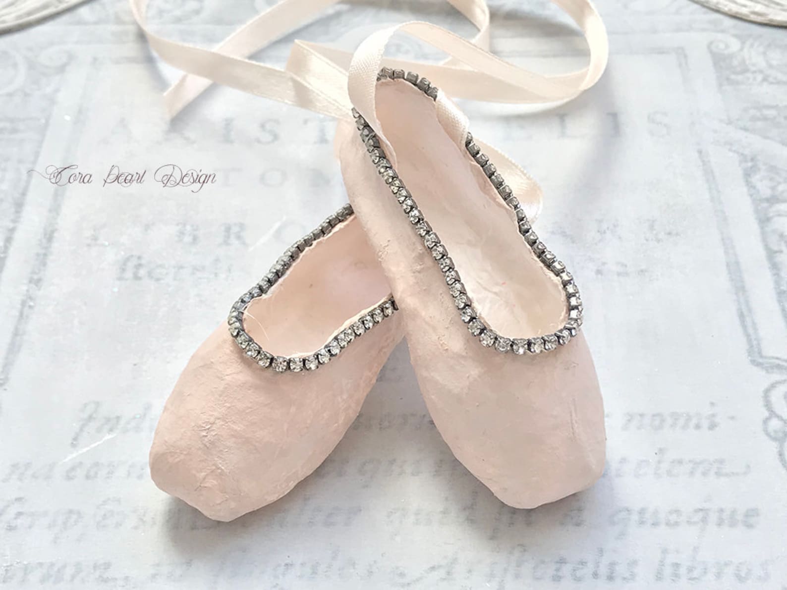 limited edition miniature pink paper pointe shoes with vintage rhinestones in marie antoinette gift box - paper ballet shoes - b