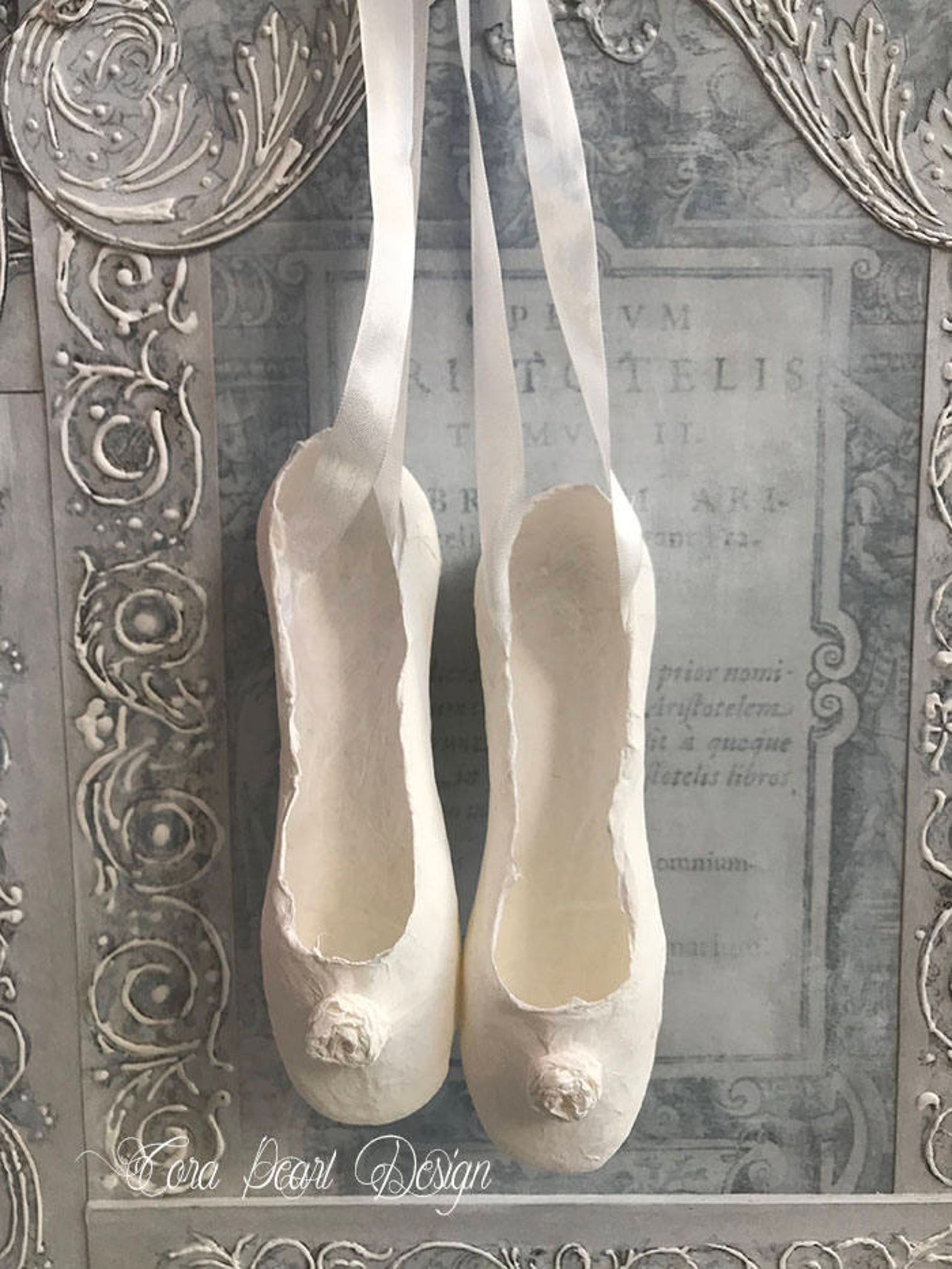 antique white paper ballet shoes , white pointe shoes , decorative shoes , nursery decor - children's bedroom decor - paper