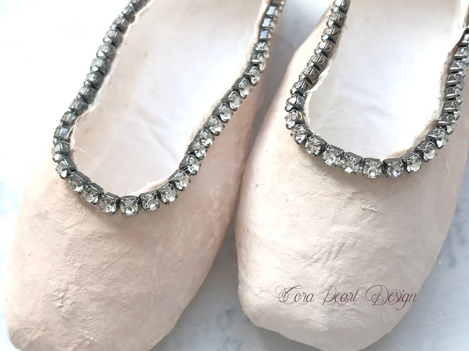 limited edition miniature pink paper pointe shoes with vintage rhinestones in marie antoinette gift box - paper ballet shoes - b