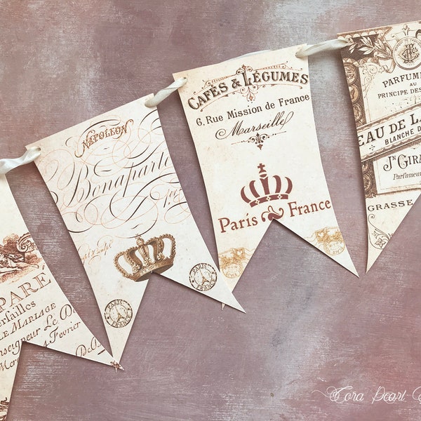 French Paris Shabby Chic Vintage Style Bunting Flag garland , Neutral home decor,  French Mantle Garland, French Cottage Style Decor