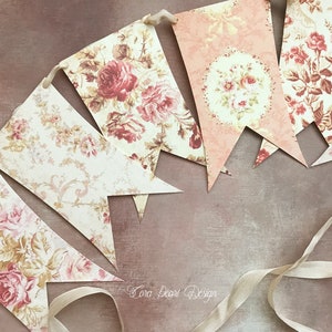 Faded Florals Shabby Chic Bunting Flag garland , Vintage Pink Spring Banner, Antique Fabric Paper Garland, Country Cottage Easter Decor