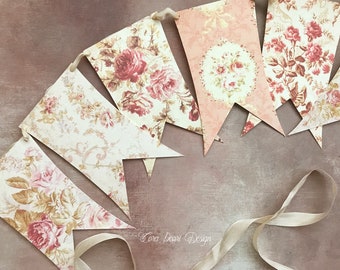 Faded Florals Shabby Chic Bunting Flag garland , Vintage Pink Spring Banner, Antique Fabric Paper Garland, Country Cottage Easter Decor
