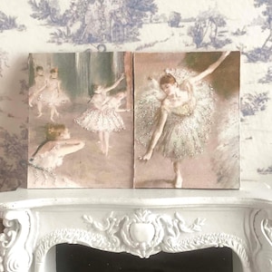 2 Dollhouse Degas Ballerina Glitter Art Prints 12th scale Art Panel , 1:12 scale Ballet Art , Shabby Chic Vintage Style Ballerina Room Decor