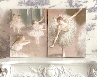 2 Dollhouse Degas Ballerina Glitter Art Prints 12th scale Art Panel , 1:12 scale Ballet Art , Shabby Chic Vintage Style Ballerina Room Decor