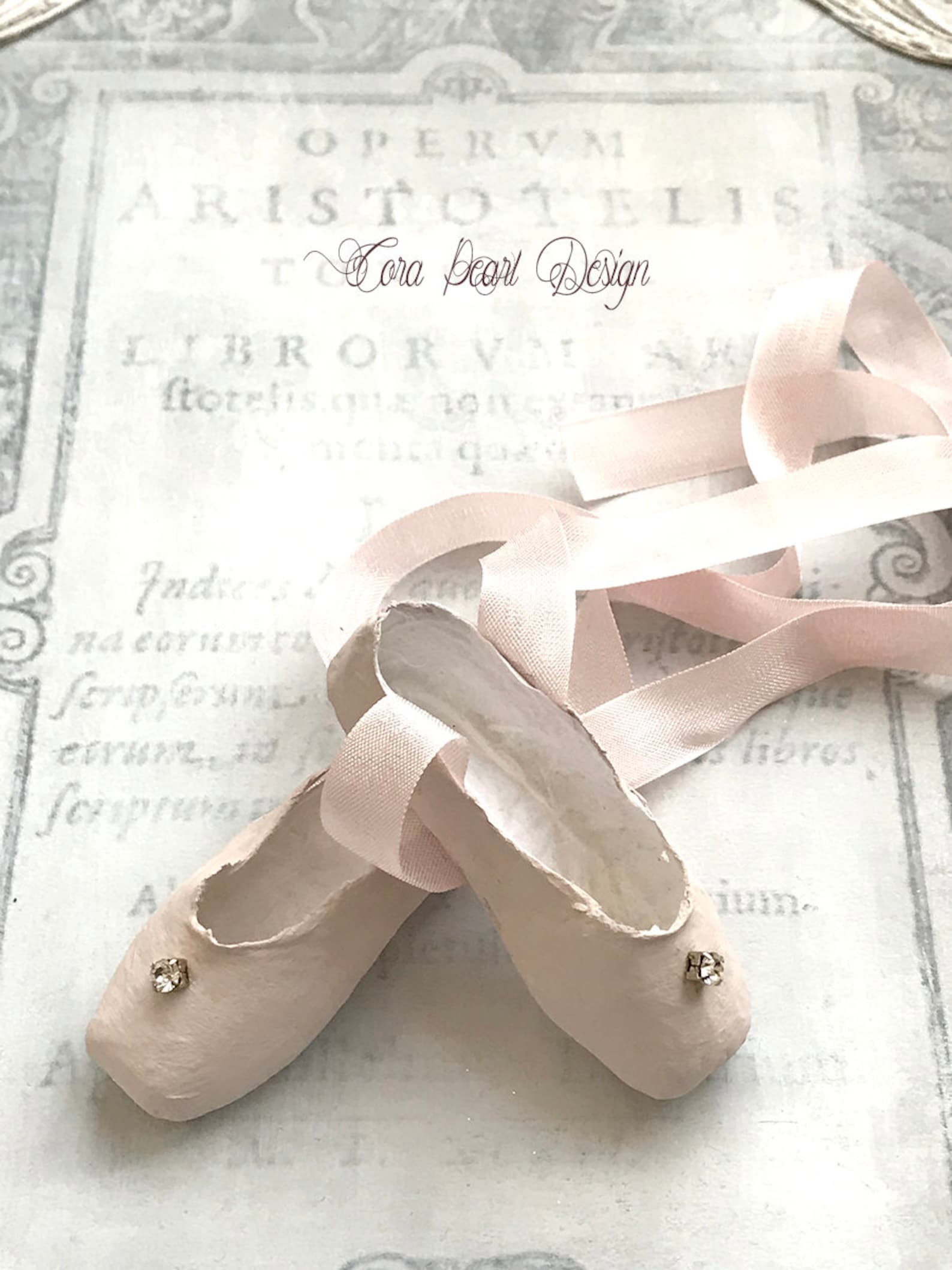 single vintage rhinestone pink paper miniature pointe shoes in gift box - paper ballet shoes - paper sculpture - ballet gifts