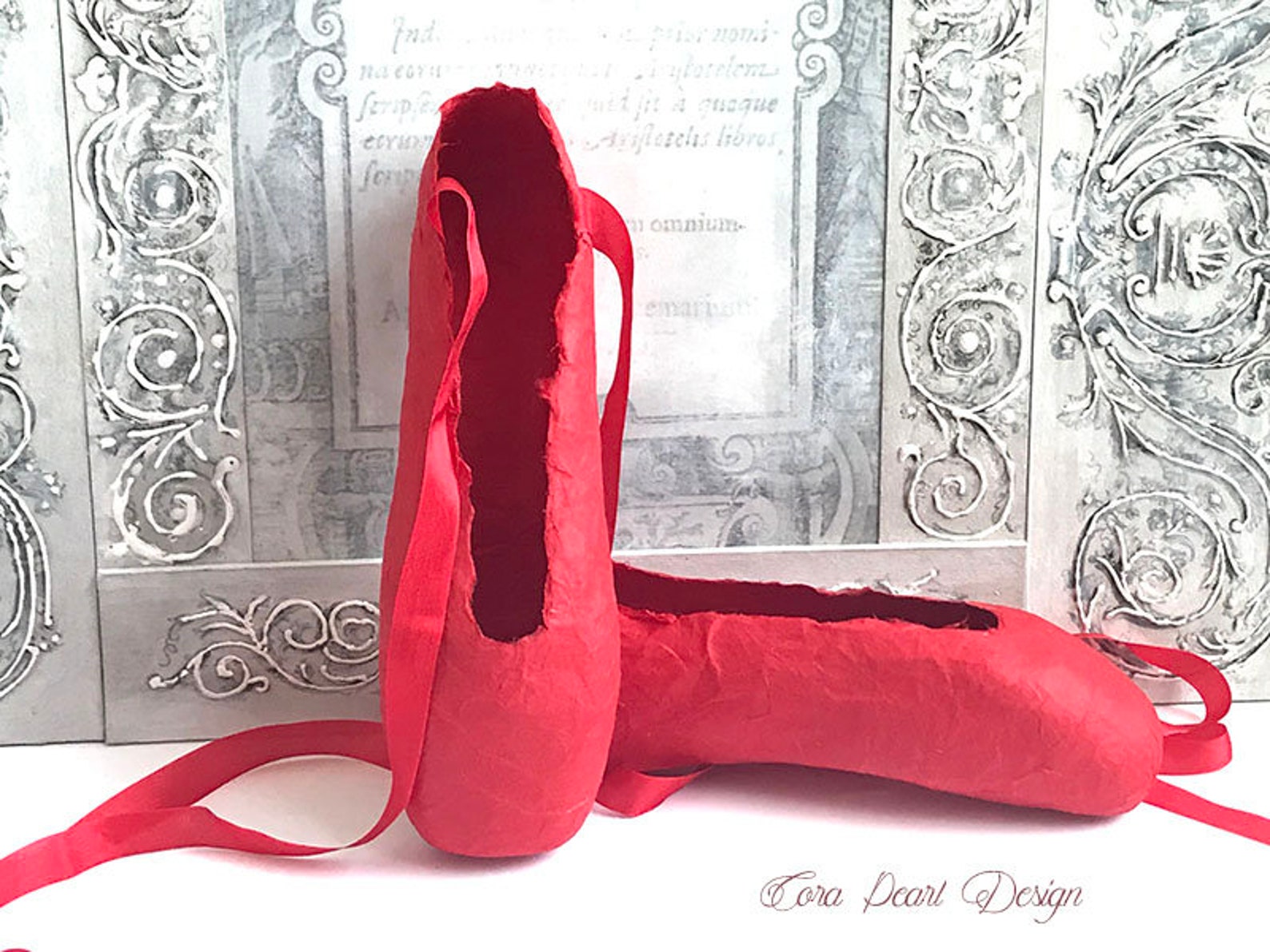 red paper pointe shoes - red paper ballet shoes - shoe ornament - ballet gift - ballet shoes - ballerina gifts - paper ballet sh