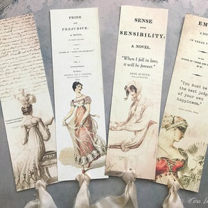 4 Jane Austen Regency Lesezeichen mit reiner Seidenbändern - Shabby Chic Lesezeichen - Jane Austen Tags - Jane Austen Lesezeichen