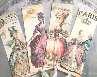 4 Marie Antoinette Inspired Glitter Bookmarks with pure silk - Vintage style Shabby Chic Tags - Junk Journal Tags - French Favor Tags
