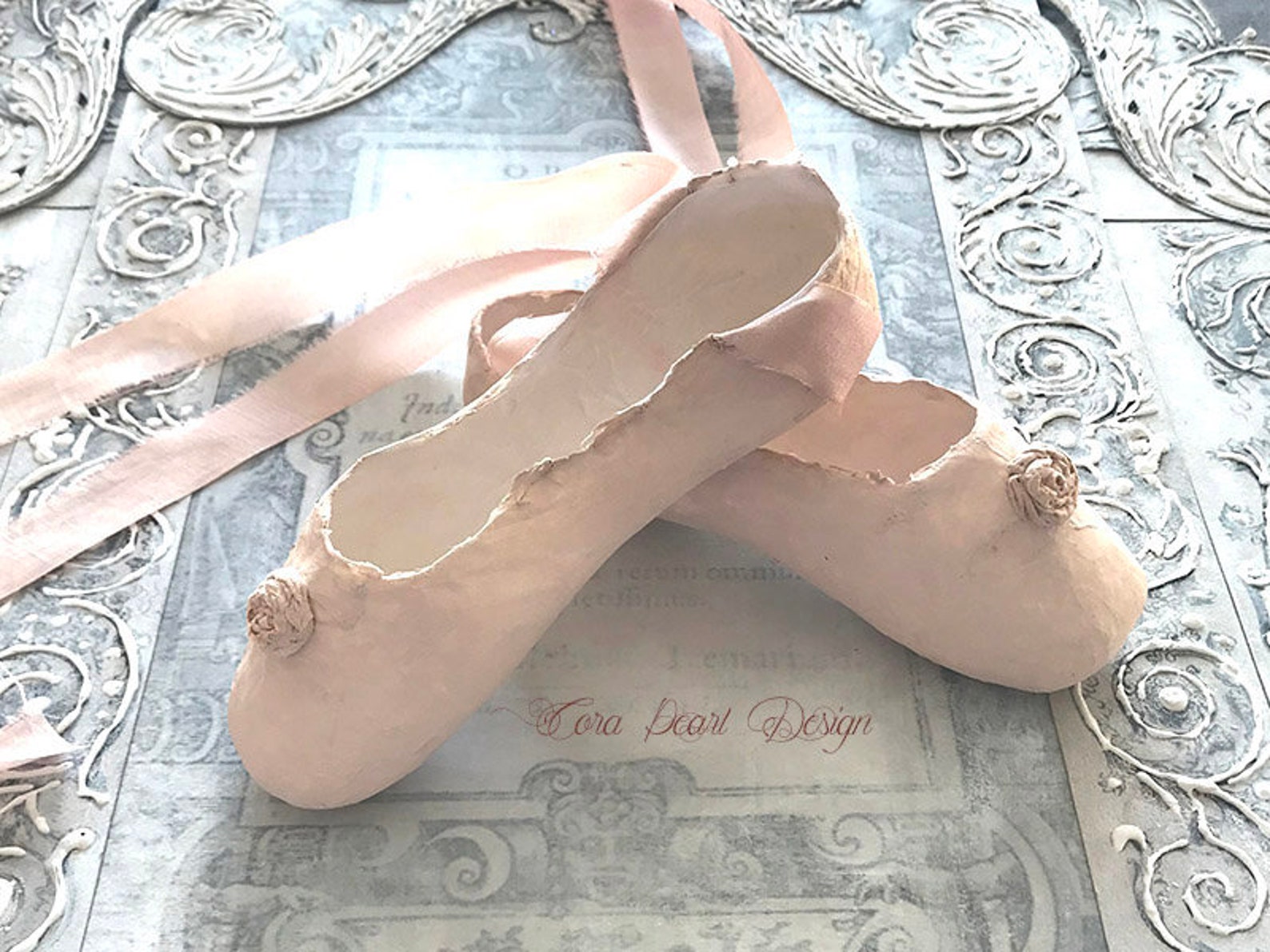 pink paper ballet shoes with pure silk ribbons - pink paper pointe shoes , decorative shoes - nursery decor - paper sculpture -