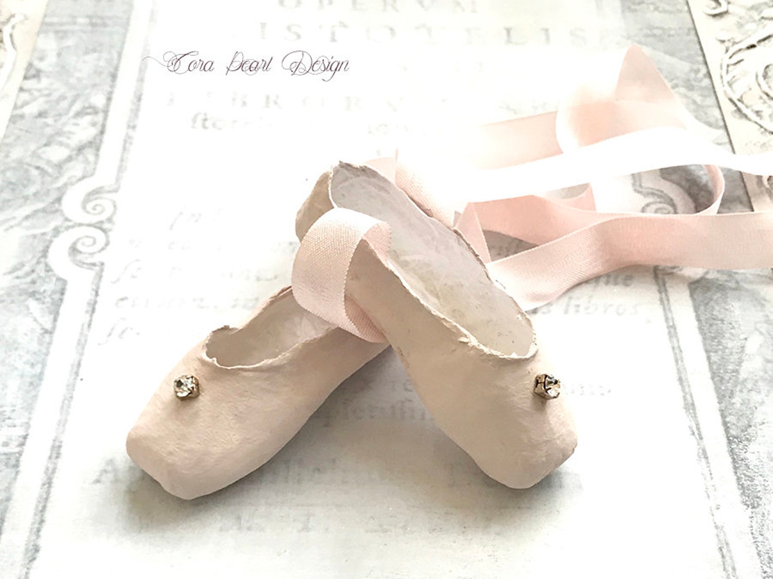 single vintage rhinestone pink paper miniature pointe shoes in gift box - paper ballet shoes - paper sculpture - ballet gifts
