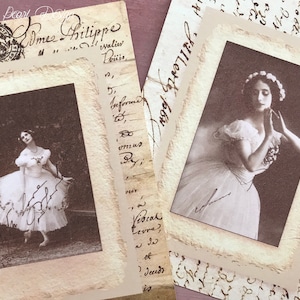 Vintage Ballerina Geschenkanhänger mit Seidenbändern, Anna Pavlova Ballet Gastgeschenke, 4 Shabby Chic Ballerina Geschenkanhänger, French Manuskript Journal Karten