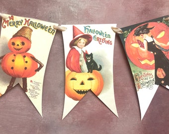 Halloween Vintage Style Bunting Flag garland , Halloween Banner , Pumpkin Mantle Garland, Vintage Style Decor