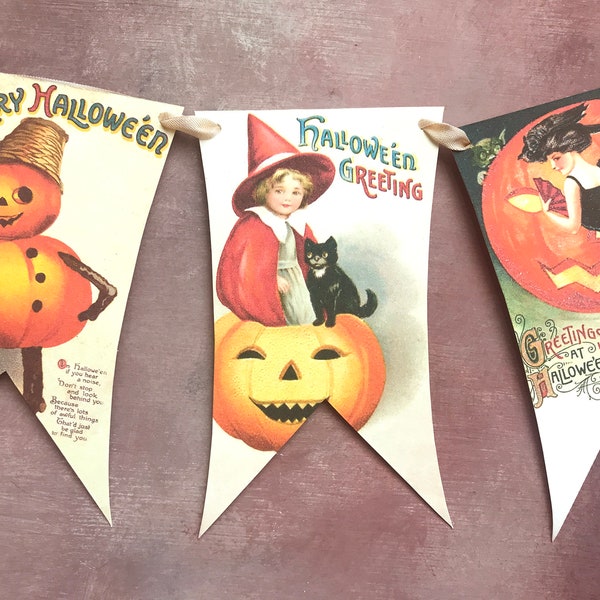 Halloween Vintage Style Bunting Flag garland , Halloween Banner , Pumpkin Mantle Garland, Vintage Style Decor