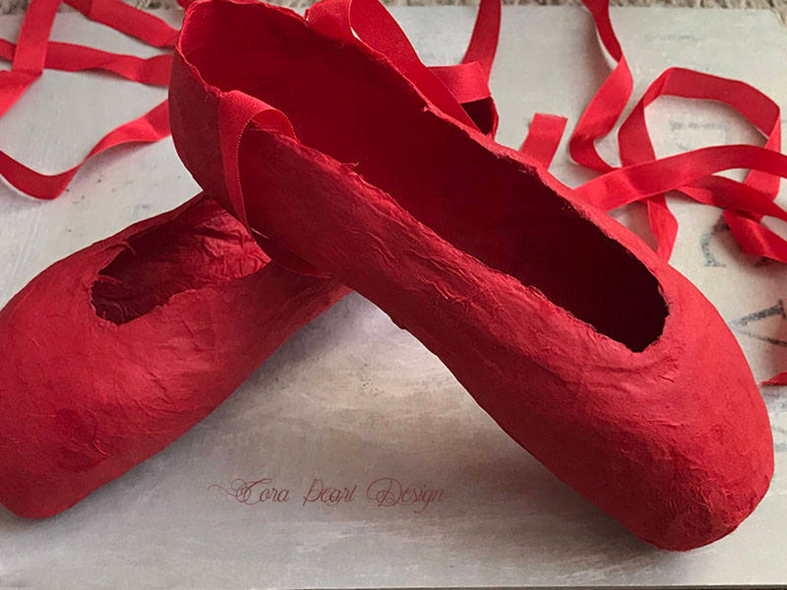 red paper pointe shoes - red paper ballet shoes - shoe ornament - ballet gift - ballet shoes - ballerina gifts - paper ballet sh