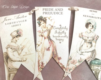 Jane Austen Glitter Bunting , Pride and Prejudice Garland , Literary Gift , Book Lover gift, Teacher gift , Book Banner Flags, Party Decor