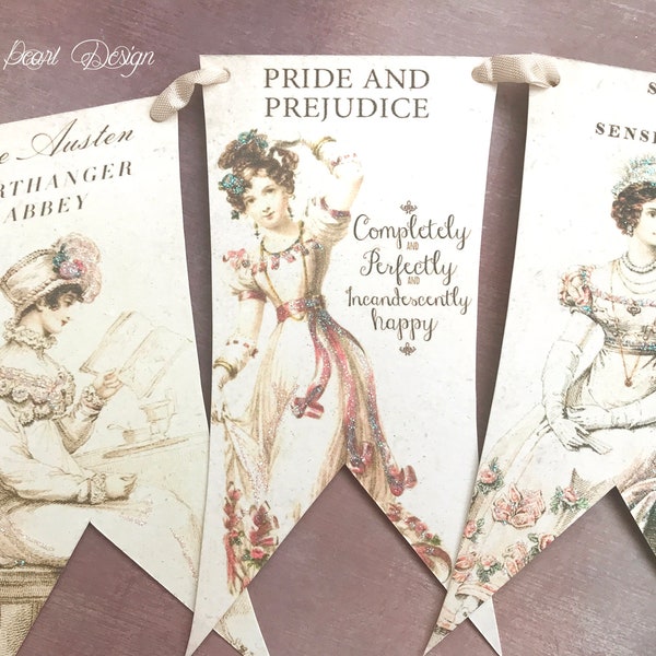 Jane Austen Glitter Bunting , Pride and Prejudice Garland , Literary Gift , Book Lover gift, Teacher gift , Book Banner Flags, Party Decor