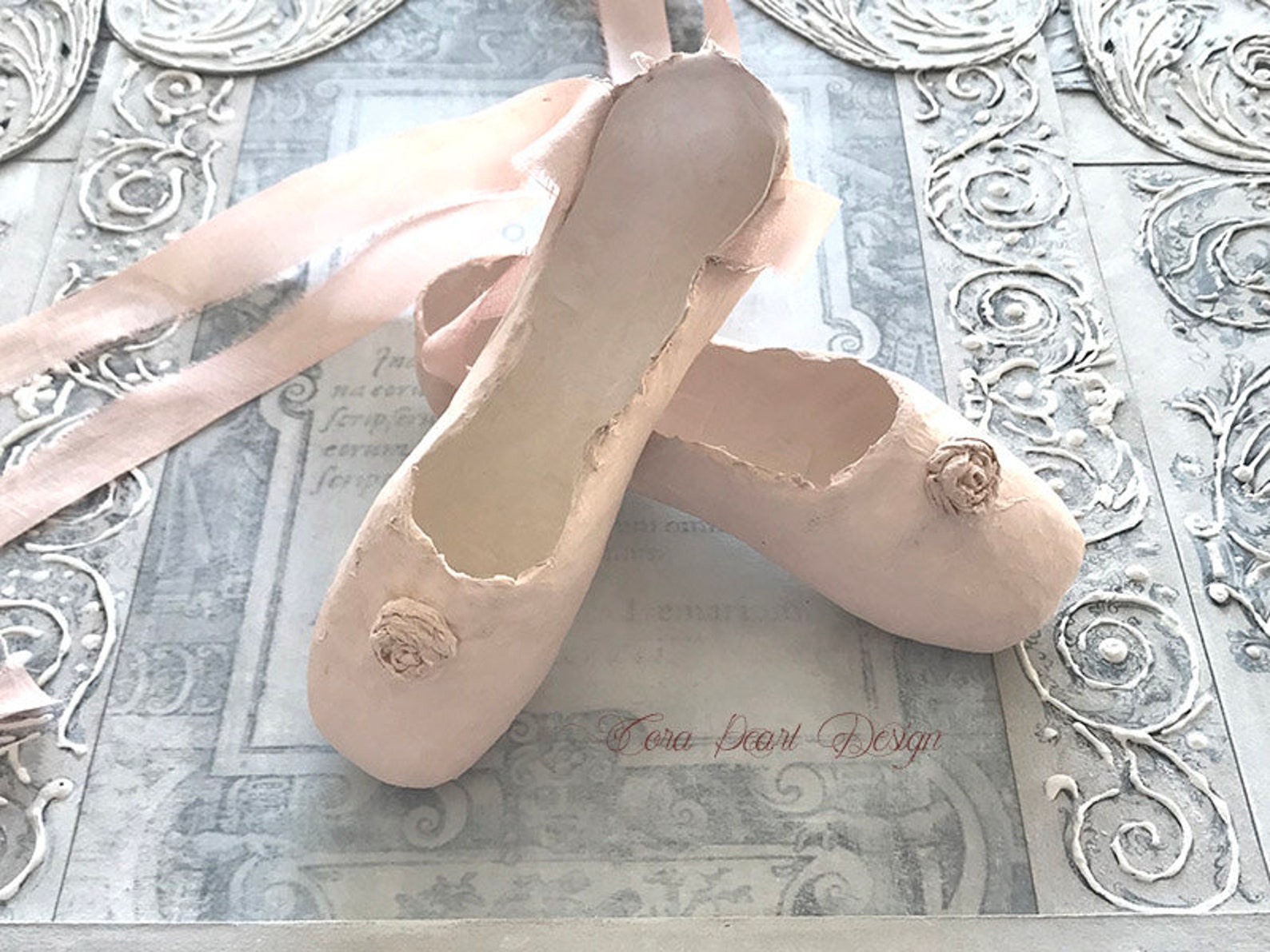 pink paper ballet shoes with pure silk ribbons - pink paper pointe shoes , decorative shoes - nursery decor - paper sculpture -